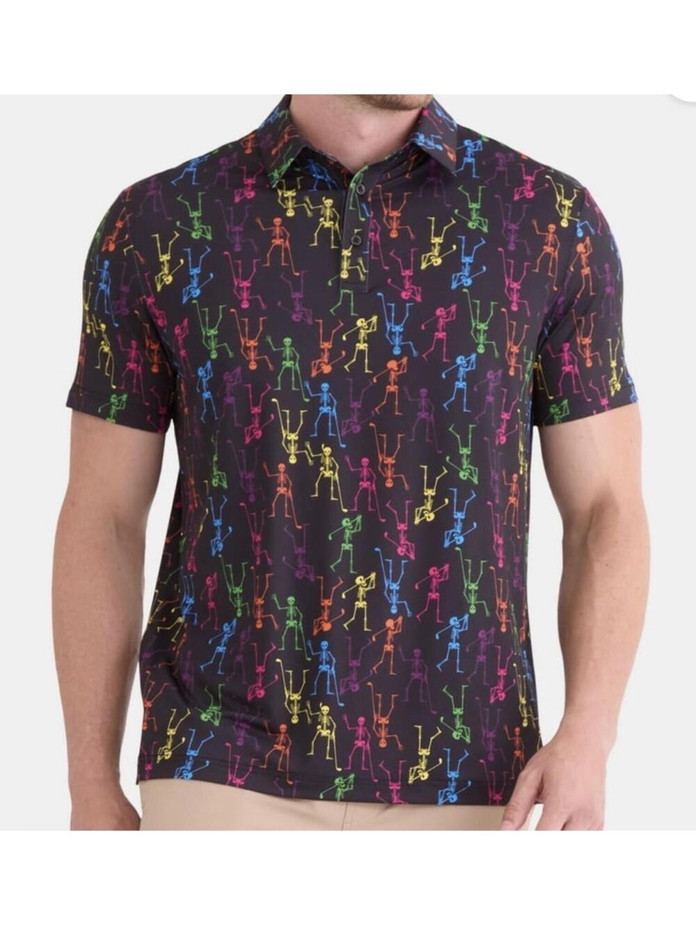 Birdie Bound Novelty Halloween Skeleton Men's SMALL Golf Polo Black Neon